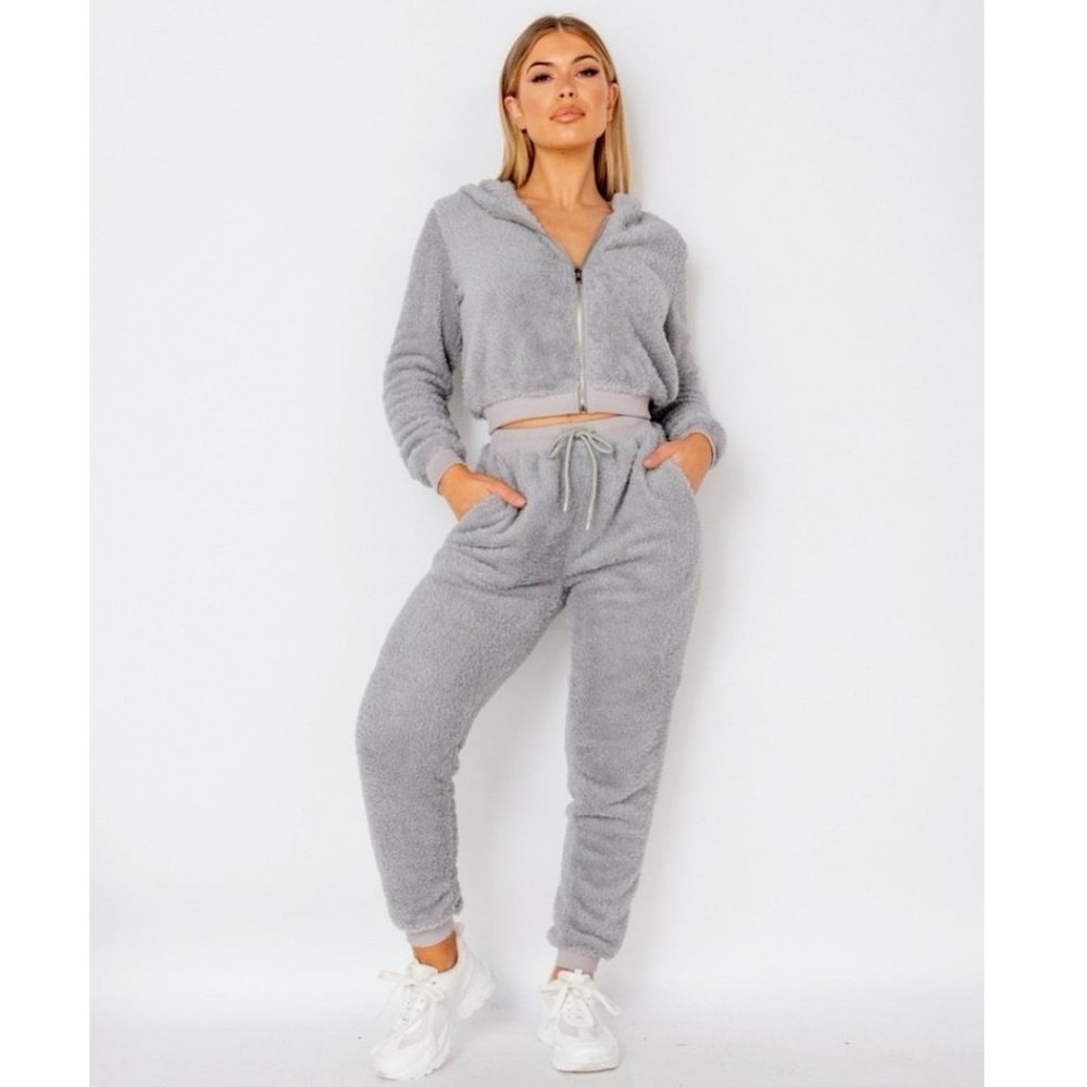 Gray Teddy Bear Fur Long Sleeve Hooded Crop Top and Joggers Pants Two Piece Set - Picture 2 of 11